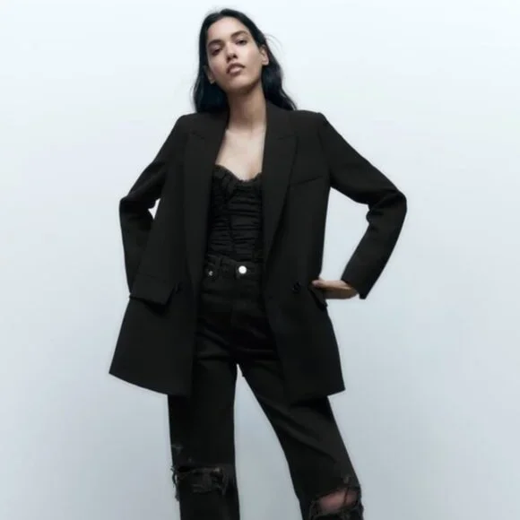 Zara Flowy Oversized Suit Blazer in Black Slouchy Menswear-inspired Women's XL - Picture 4 of 13